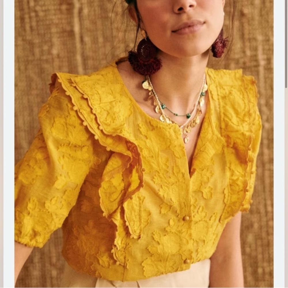 Sezane Jordanna Mustard Yellow Lace Blouse